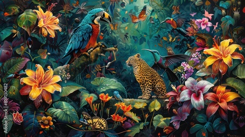 Colorful wild parrots appear among the tropical foliage. photo
