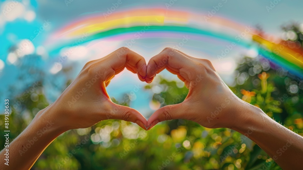 A close-up of two hands forming a heart shape, with a rainbow in the background, highlighting the themes of pride and love A close-up of two hands forming a heart shape, with a rainbow in the background, highlighting the themes of pride and love