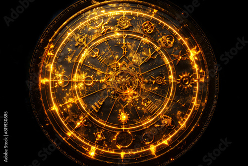 Golden magic runes in a circle. Glowing spell effect. Ancient fantasy writing on black background