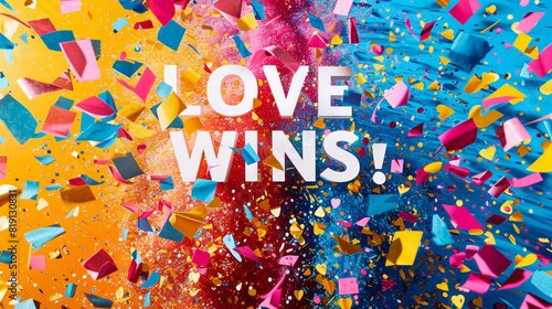 Confetti explodes in a burst of color behind bold  white text  LOVE WINS   creating a dynamic and celebratory image for social media and advertisements. pride month celebrarion