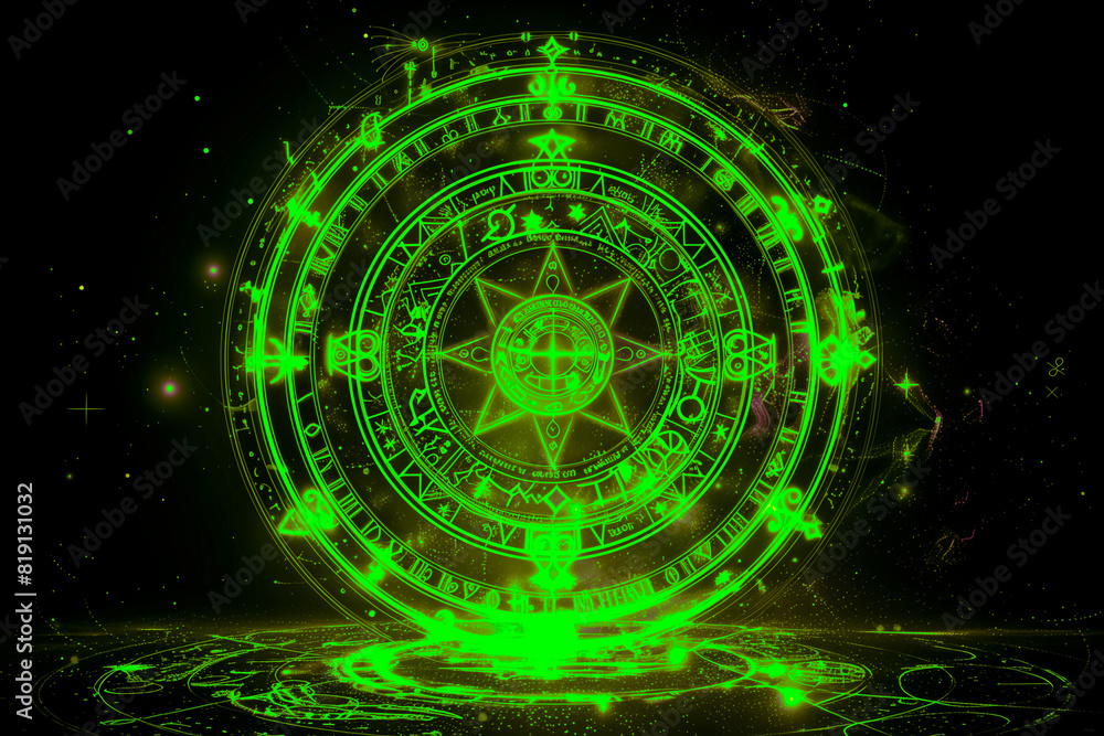 Green magic runes in a circle. Glowing spell effect with ancient ...