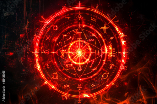 Red magic runes in a circle. Glowing spell effect with ancient fantasy writing on black background