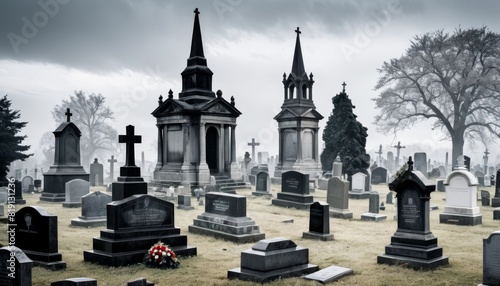 Overcast skies loom over a solemn cemetery dotted with elaborate gothic tombs and headstones, creating a peaceful yet somber scene.. AI Generation