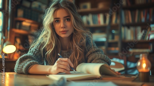 Young woman with long blonde hair writing in a notebook at a cozy wooden library with warm lighting, surrounded by bookshelves and a vintage lamp.