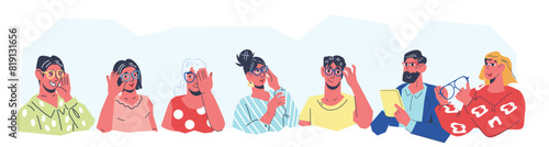 People with glasses for ophthalmology and LASIK eye surgery, eye sight improvement concept vector illustration. People with glasses for ophthalmology and optometry, microsurgery, eye surgery.