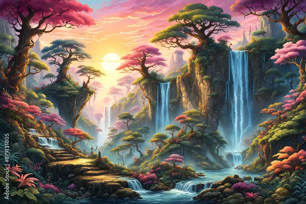 Fototapeta premium Fantasy landscape in cartoon style. Beautiful mountain and garden views. Suitable for wallpaper background