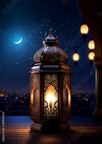 Lantern with night sky view and bokeh background, eid al adha, muharram, islamic new year, generative ai © FDStock