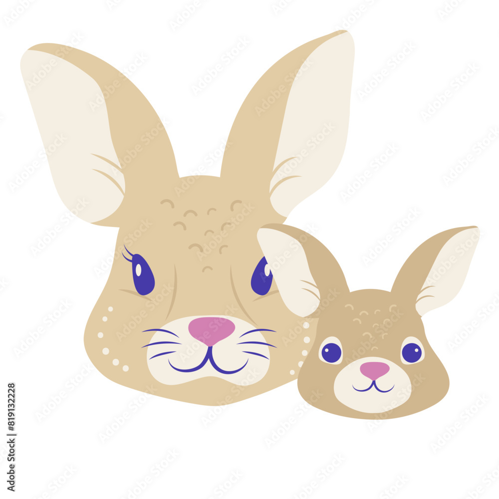 Obraz premium Heads of mom and baby rabbits, vector cartoon illustration