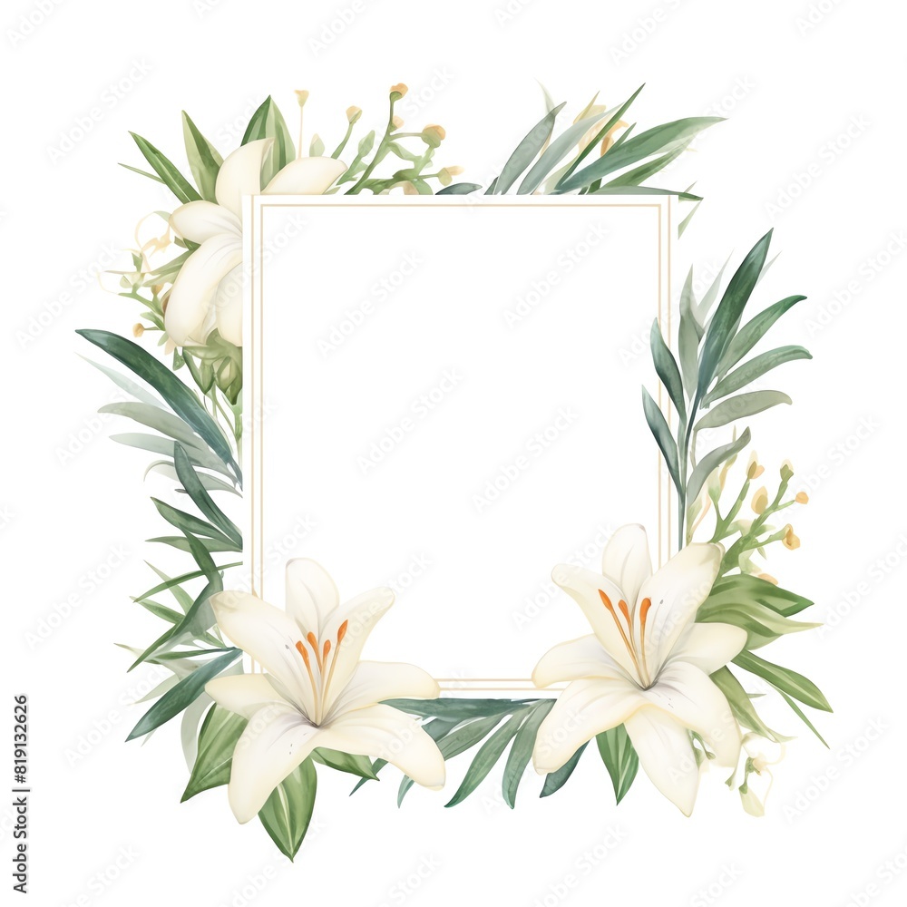 An elegant wedding frame with white lilies and eucalyptus leaves, watercolor style, blank center for copy space. 