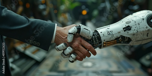 photo of man wearing black suit and white robot shaking hands 