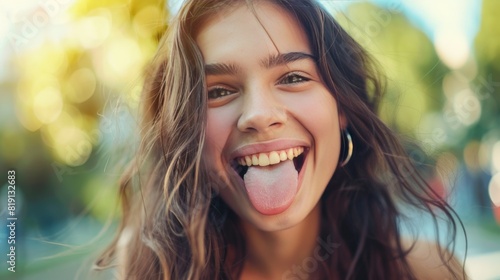 Joyful positive young lady, sticking her tongue out