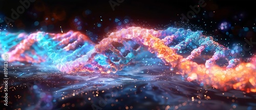 a vivid and dynamic representation of a DNA double helix structure, with a cosmic theme. © antusher