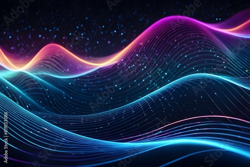 Curve representing technology and data wave form background, with glowing edges surrounded © rizkan