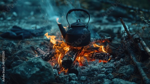 Kettle on a fire. Campfire background. Large black kettle on hearth in a camp in the forest. Bonfire at night. Adventure or expedition concept