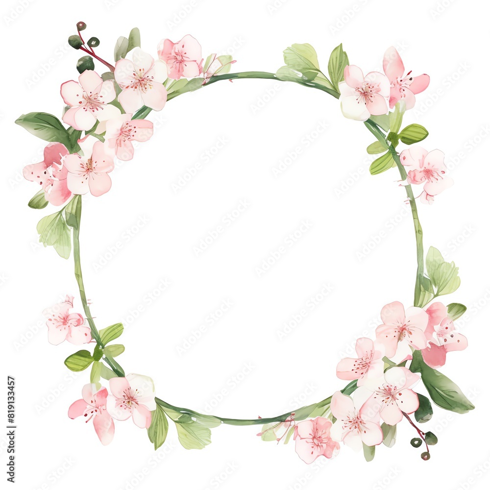 A spring wedding frame with cherry blossoms and green leaves, watercolor style, blank copy space in the center. A spring wedding frame with cherry blossoms and green leaves, watercolor style, blank copy space in the center.