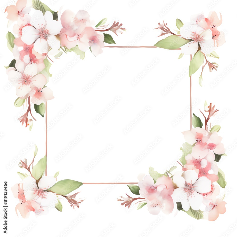 A spring wedding frame with cherry blossoms and green leaves, watercolor style, blank copy space in the center. A spring wedding frame with cherry blossoms and green leaves, watercolor style, blank copy space in the center.