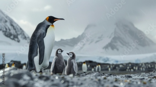 King penguin family with babies standing in an arctic winter landscape with snow