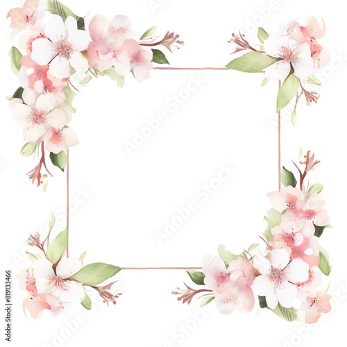 A spring wedding frame with cherry blossoms and green leaves  watercolor style  blank copy space in the center.