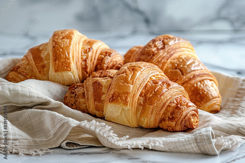 Fresh croissants on a towel on a chic marble surface. Generative Ai