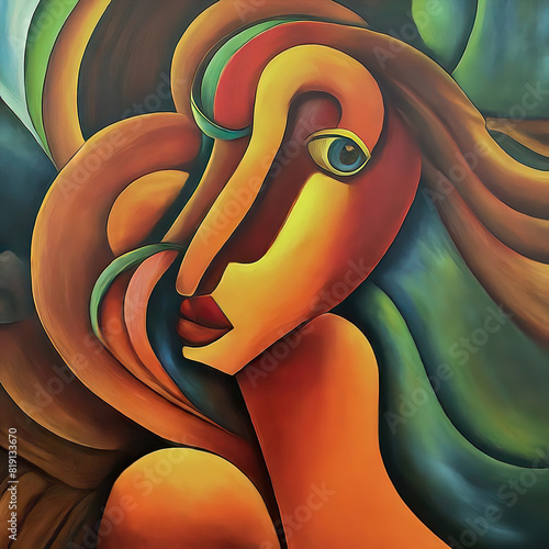 Curvilinear cubist abstract of a solitary woman with a long face, maybe bored or depressed