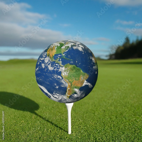 Earth the size of a golf ball on a tee at a golf course, for concepts of balance, climate change, and our planet as a plaything