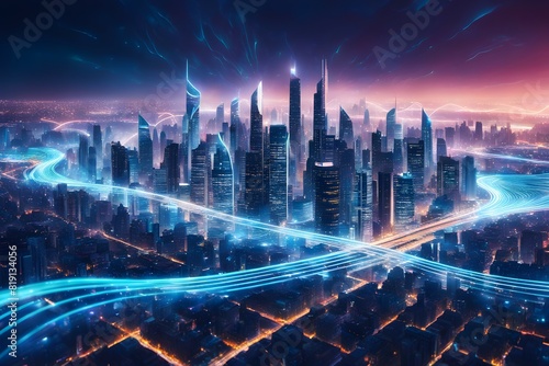Cityscape with neon lights and tall buildings. Scene is futuristic and vibrant