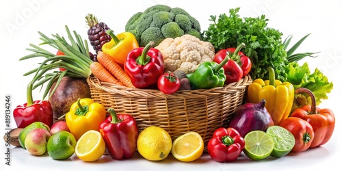 Fresh vegetables in basket isolated on white background. Healthy food concept.