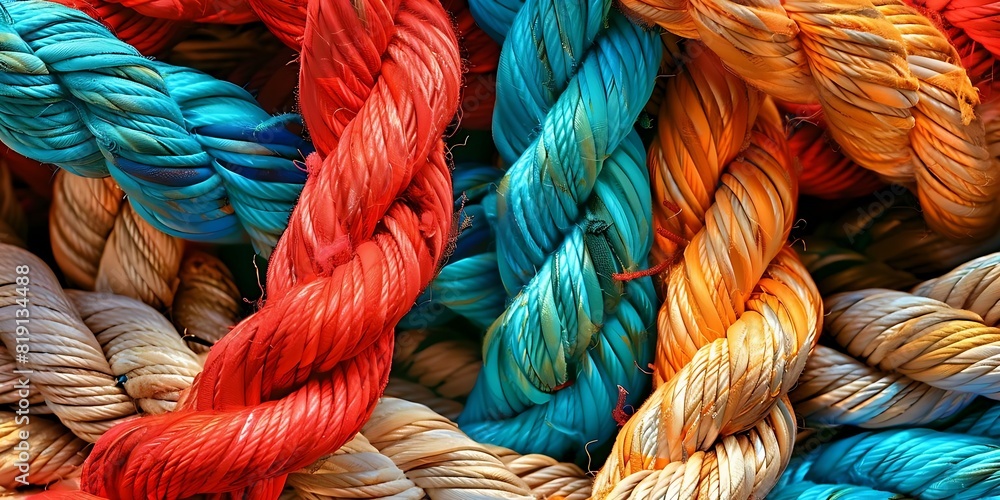 intricately woven ropes with a rich texture, a close-up shot, highlighting the detailed fibers and the complex interlacing of the knots. intricately woven ropes with a rich texture, a close-up shot, highlighting the detailed fibers and the complex interlacing of the knots.