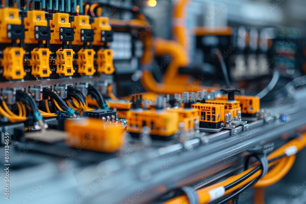 A close-up of an industrial control panel with focus on wiring and connectors, showcasing technology and precision. A close-up of an industrial control panel with focus on wiring and connectors, showcasing technology and precision.