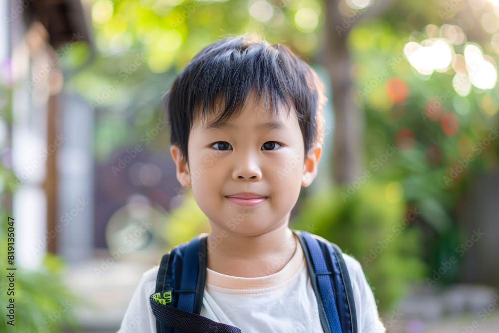 Happy Asian Boy with Backpack Outside Ready for Back to School or Hiking Adventure Happy Asian Boy with Backpack Outside Ready for Back to School or Hiking Adventure