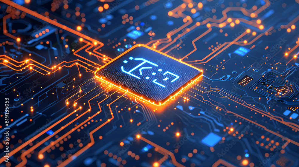 Futuristic AI Processor Chip on a Glowing Circuit Board: High-Tech Artificial Intelligence Concept with Bright Blue and Orange Digital Lines for Technology and Innovation Themes Futuristic AI Processor Chip on a Glowing Circuit Board: High-Tech Artificial Intelligence Concept with Bright Blue and Orange Digital Lines for Technology and Innovation Themes