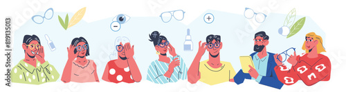 Characters for ophthalmology and LASIK eye surgery topics. LASIK procedure for vision correction, selection of glasses and vision examination, flat vector illustration isolated on white background.