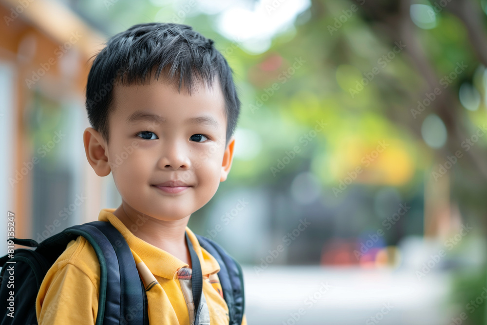Happy Asian Boy with Backpack Outside Ready for Back to School or Hiking Adventure Happy Asian Boy with Backpack Outside Ready for Back to School or Hiking Adventure