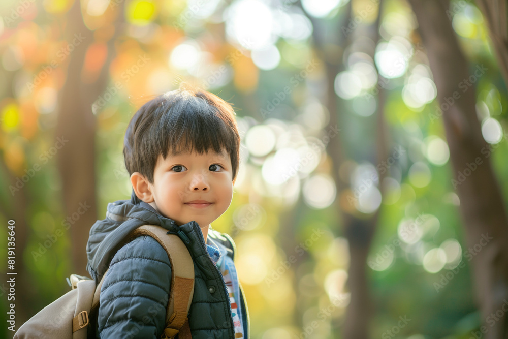 Happy Asian Boy with Backpack Outside Ready for Back to School or Hiking Adventure Happy Asian Boy with Backpack Outside Ready for Back to School or Hiking Adventure
