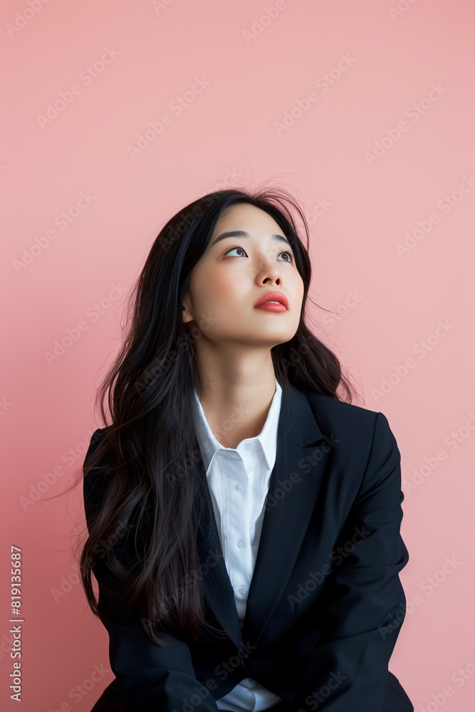 Young asian woman looking up, black suit, pink background Young asian woman looking up, black suit, pink background