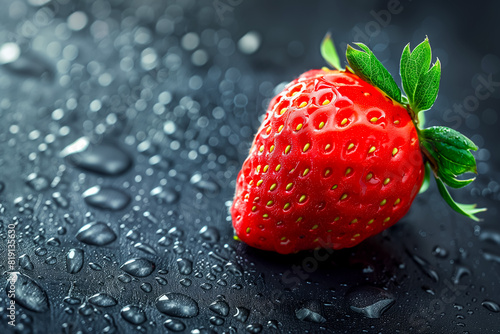 One strawberry green leaves black background water drops copy space
