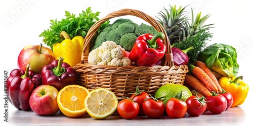 Fresh vegetables in basket isolated on white background. Healthy food concept.
