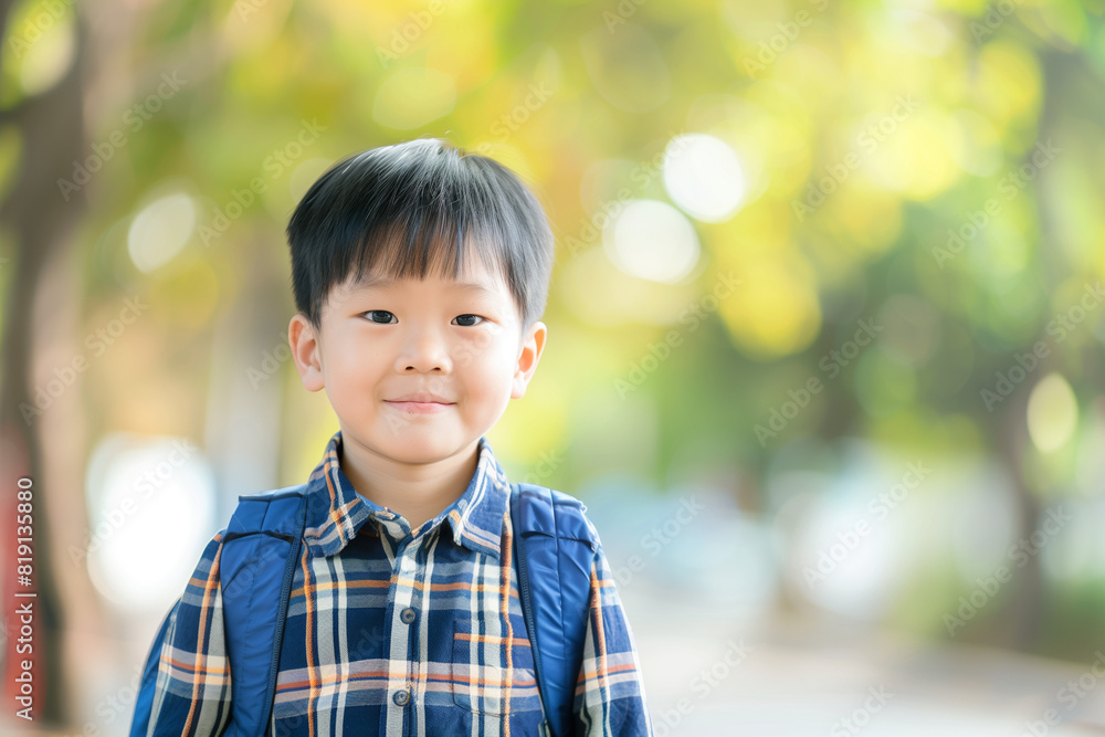 Happy Asian Boy with Backpack Outside Ready for Back to School or Hiking Adventure Happy Asian Boy with Backpack Outside Ready for Back to School or Hiking Adventure
