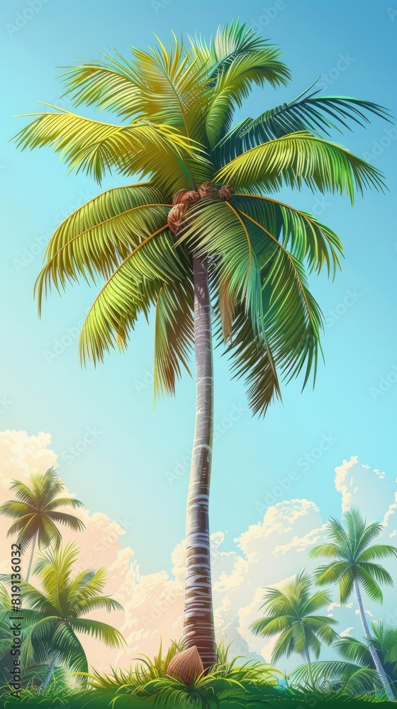 Obraz premium Tropical palm tree with coconuts, cartoon style, vibrant green, tropical and relaxing
