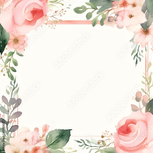 A watercolor floral wedding frame with blush pink roses and greenery  featuring a blank copy space in the middle  no text.