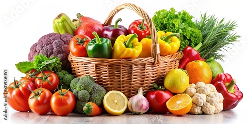 Fresh vegetables in basket isolated on white background. Healthy food concept.