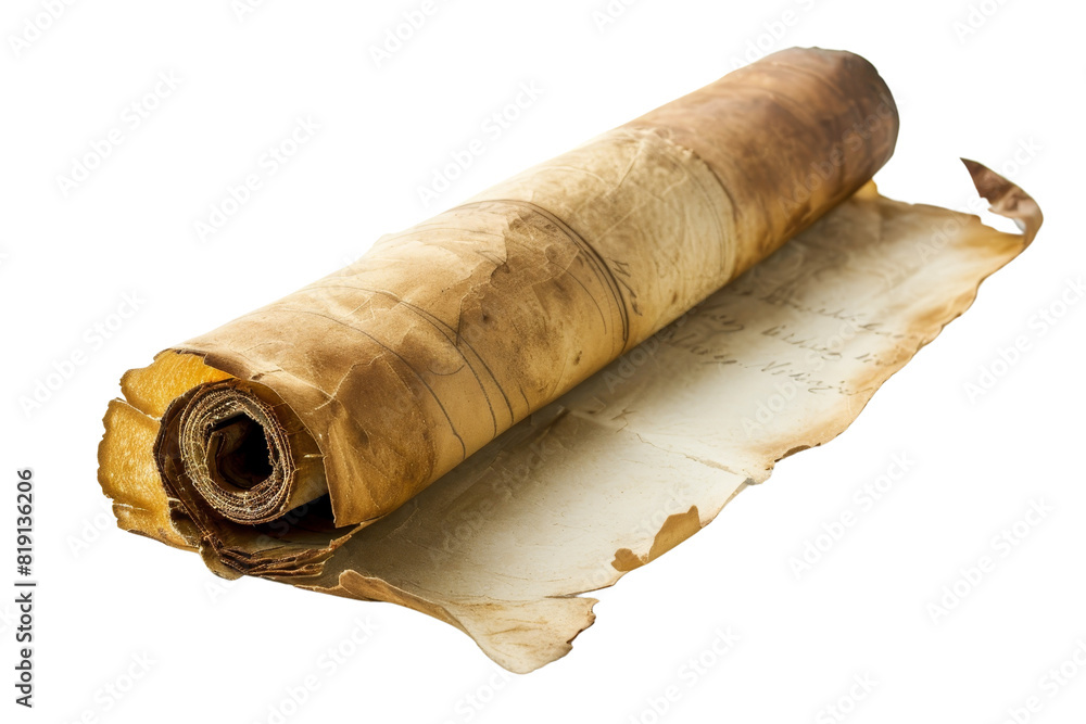 Fototapeta premium Ancient rolled parchment with aged, weathered texture, open on one side, perfect for historical or vintage themes.