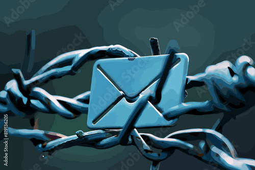 Email Symbol Secured by Barbed Wire, Antispam and Encryption for Correspondence photo