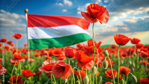 Bright red poppies dominate the lush field under a partly cloudy sky  in the background the Hungarian flag with its red white and green central emblem flies on a pole. The flowers are in full bloom.AI