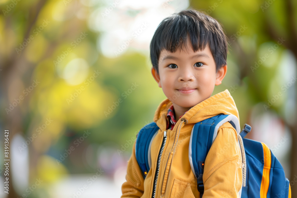Happy Asian Boy with Backpack Outside Ready for Back to School or Hiking Adventure Happy Asian Boy with Backpack Outside Ready for Back to School or Hiking Adventure