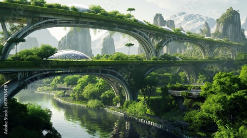 A world of future city architecture that forms a natural green space