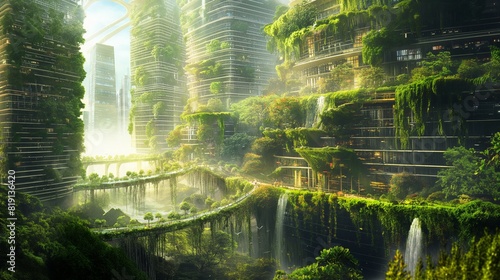 A world of future city architecture that forms a natural green space © minart