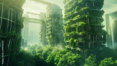 A world of future city architecture that forms a natural green space