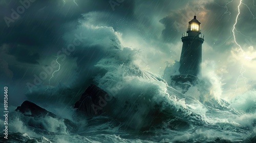 Large lighthouse and storm-filled, large waves hitting the lighthouse, the power of our planet and nature photo