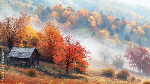 Morning fog, colorful trees and wooden shed on the slopes. Generative AI